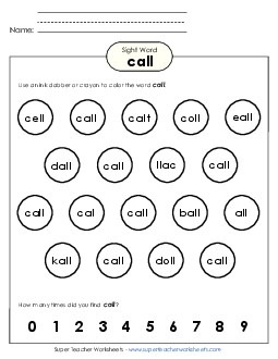 Dab or Color: Call Sight Words Individual Worksheet