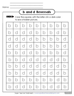 Coloring Squares: b and d Letters Reversals Worksheet