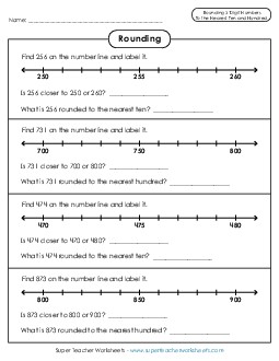 Number Lines: Rounding to Nearest 10 and 100 Worksheet