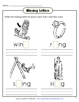 Missing Letters (-ing) Word Families Worksheet