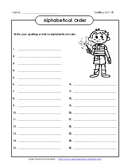 ABC Order: Write List (E-28) Spelling E Worksheet