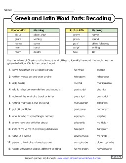 Decoding Words with Greek and Latin Roots and Affixes Greek Latin Word Parts Worksheet