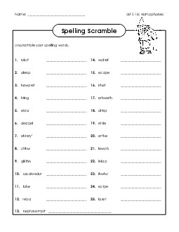 Unscramble (E-16) Spelling E Worksheet