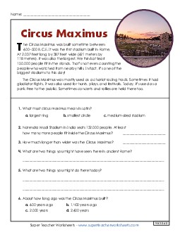 Circus Maximus (Short, Nonfiction) 4th Grade Reading Comprehension Reading Comp Short Worksheet