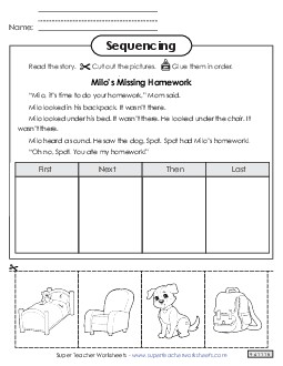 Cut-and-Glue Sequencing Story:  Milo\'s Missing Homework Worksheet