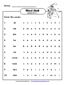 Horizontal Word Hunt (A-11) Spelling A Worksheet