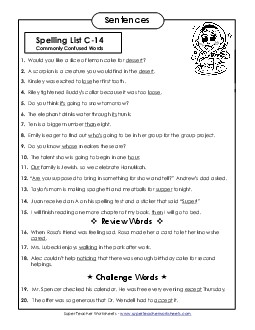 Spelling Test Sentences (C-14)  Spelling C Worksheet