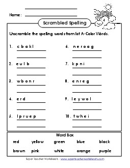 Unscramble the Words (A-Color Words)  Spelling A Worksheet