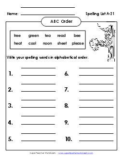 ABC Order: Write List (A-21) Spelling A Worksheet