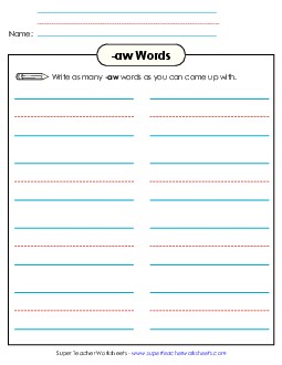 Brainstorm and Write (-aw) Word Families Worksheet