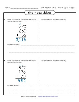 Find the Mistakes (3 Digits) Addition Worksheet