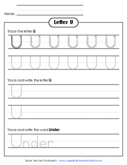 Uppercase U (Dotted Lines) Printing Worksheet