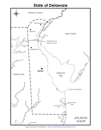 Labeled Delaware Map State Maps Worksheet