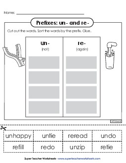 Prefixes Cut and Paste (un- and re-) Prefixes Suffixes Worksheet