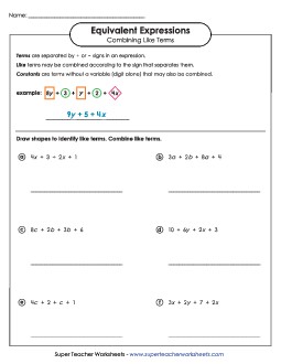 Combining Like Terms (Basic #1) Free Expressions Equivalent Worksheet