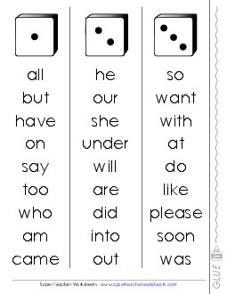 Dolch Dice Fluency Game: Primer Level Worksheet