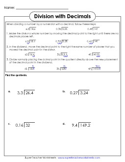 Dividing Decimals Intermediate Worksheet