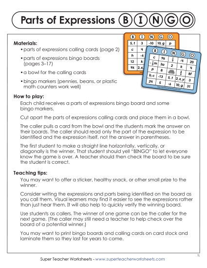 New Parts of Expressions Bingo Worksheet