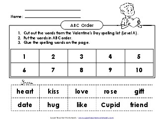 ABC Order: Cut and Glue (A-Valentine\'s Day)  Spelling A Worksheet