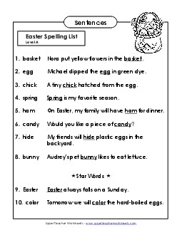 Spelling Test Sentences (A-Easter)  Spelling A Worksheet