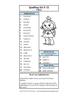 Spelling List (E-12) Spelling E Worksheet