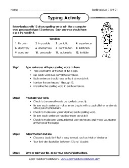 Typing Sentences (E-21) Spelling E Worksheet