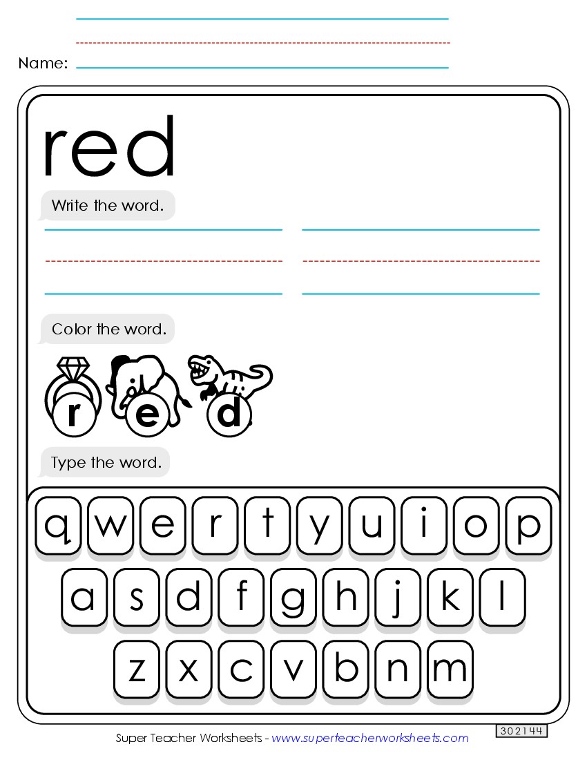 Write, Color, Type: Red Sight Words Individual Worksheet