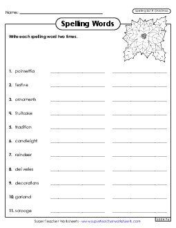 Write Words Twice (Christmas) Spelling F Worksheet