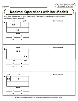 Adding and Subtracting to Tenths with Bar Models Mixed Addition Subtraction Worksheet