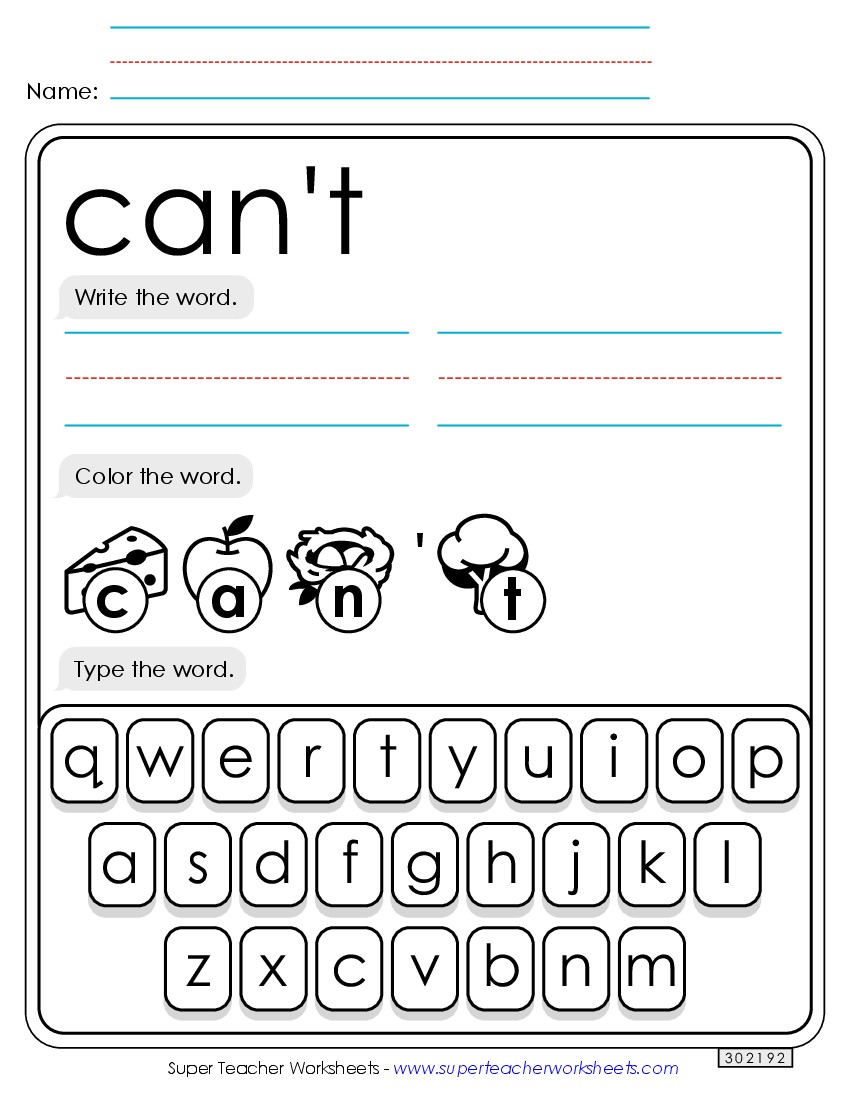 Write, Color, Type: Can\'t Sight Words Individual Worksheet