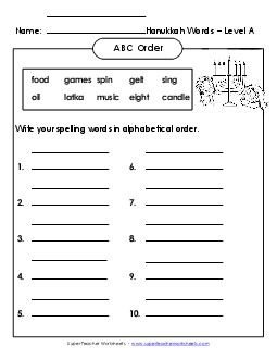 ABC Order: Write List (A-Hanukkah)  Spelling A Worksheet