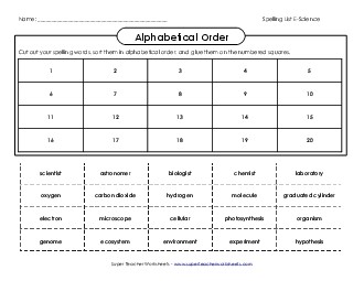 ABC Order: Cut and Glue Spelling E Worksheet