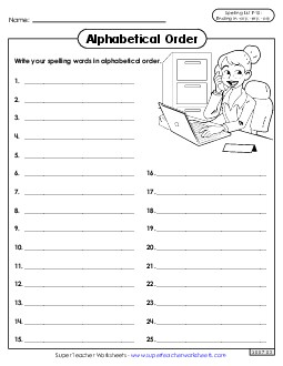 Alphabetical Order: Whole List (F-10) Free Spelling F Worksheet