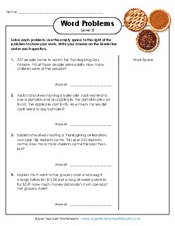 Mixed Math Word Problems (Level B) Thanksgiving Worksheet