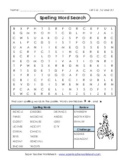 Word Search Puzzle (E-6) Spelling E Worksheet