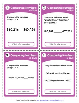 Comparing 6-Digit Numbers Greater than / Less than Place Value Worksheet