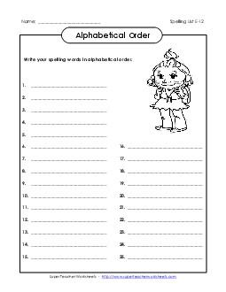 Alphabetical Order (E-12) Spelling E Worksheet