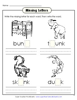 Missing Letters (-unk) Word Families Worksheet