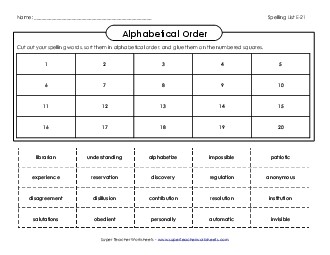 ABC Order: Cut and Glue (E-21) Spelling E Worksheet