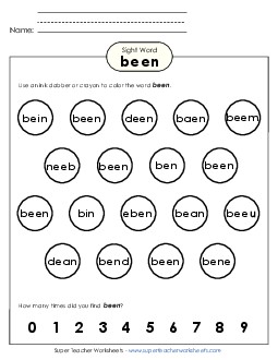 Dab or Color: Been Sight Words Individual Worksheet