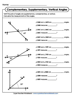 Complementary, Supplementary, & Vertical Angles Worksheet