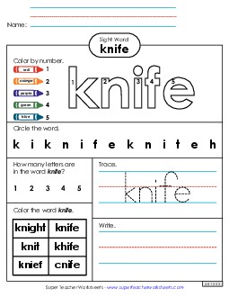 Worksheet 4: Knife Sight Words Individual Worksheet