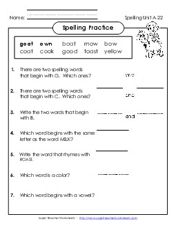 Spelling Practice (A-22) Spelling A Worksheet