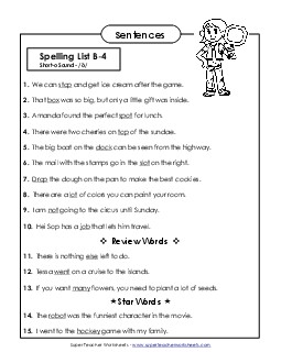 Spelling Test Sentences (B-4) Spelling B Worksheet