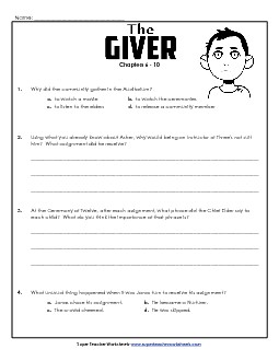 Questions for Chapters 6-10 Book The Giver Worksheet