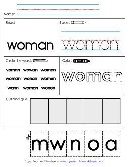 Worksheet 2: Woman Sight Words Individual Worksheet