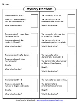 Mystery Fractions: Numerators & Denominators Worksheet