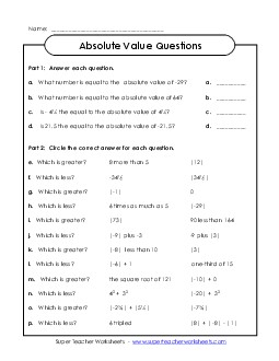 A.V. Questions Absolute Value Worksheet