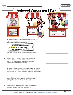 Redwood Amusement Park Multiple Step Problems Worksheet