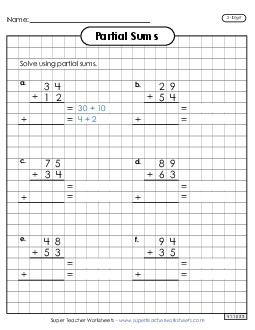 Graph Paper Addition (2-Digit, Partial Sums) Worksheet